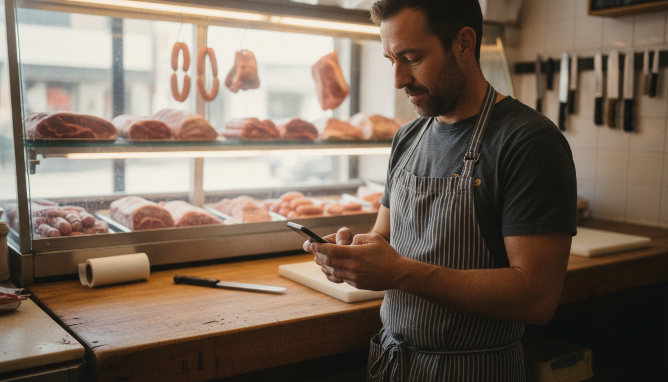 A local butcher shop owner reviewing his Instagram profile on his phone behind the counter