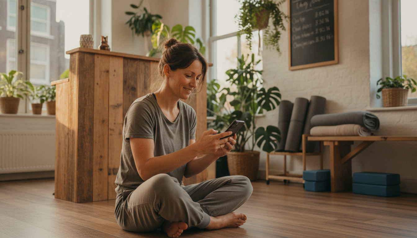 Yoga studio owner reviewing customer engagement data on her phone after class