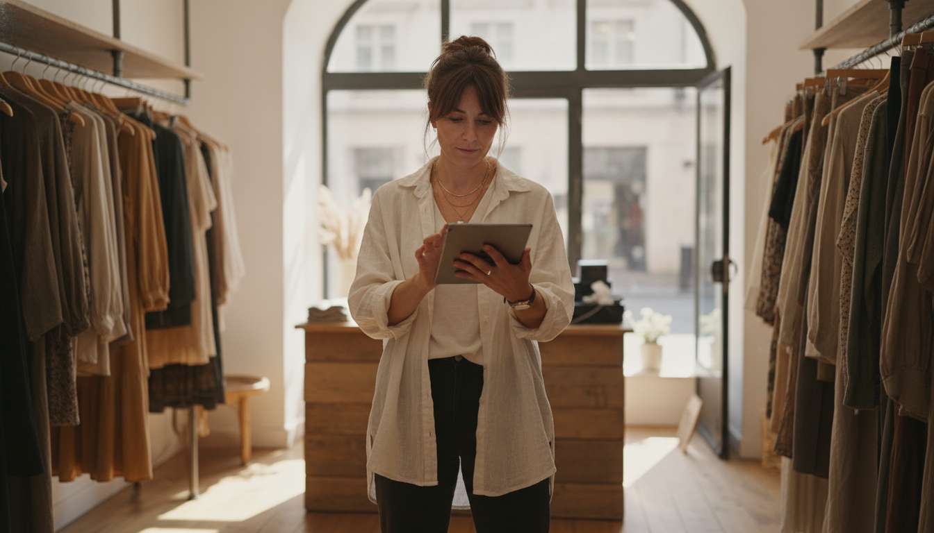 A clothing boutique owner reviewing her marketing plan on a tablet inside her store