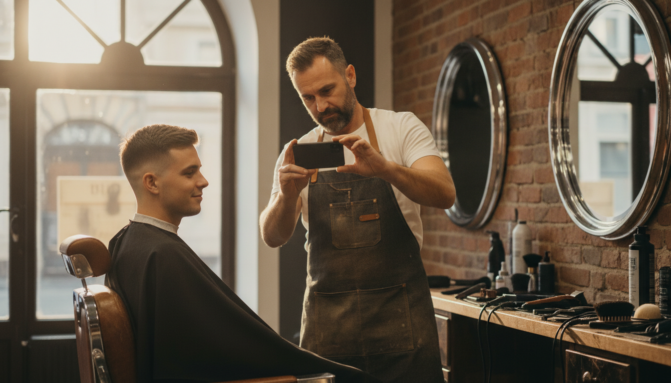 Barbershop owner photographing a client's fresh haircut for a social media post