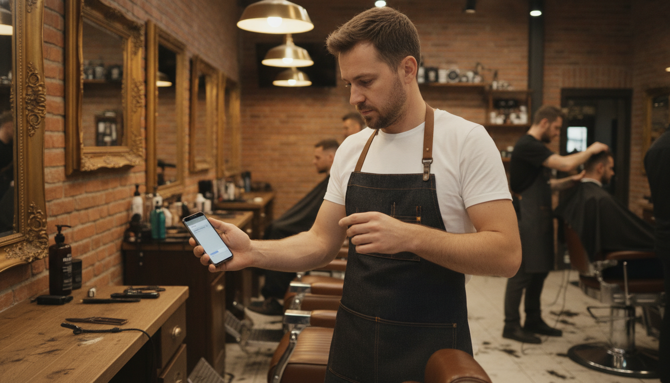A barbershop owner reviewing a customer message on his phone between appointments