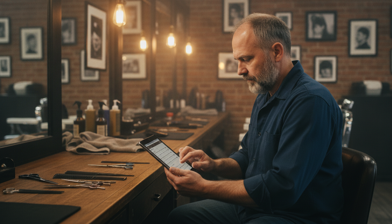 Barbershop owner reviewing his marketing schedule on a tablet between client appointments