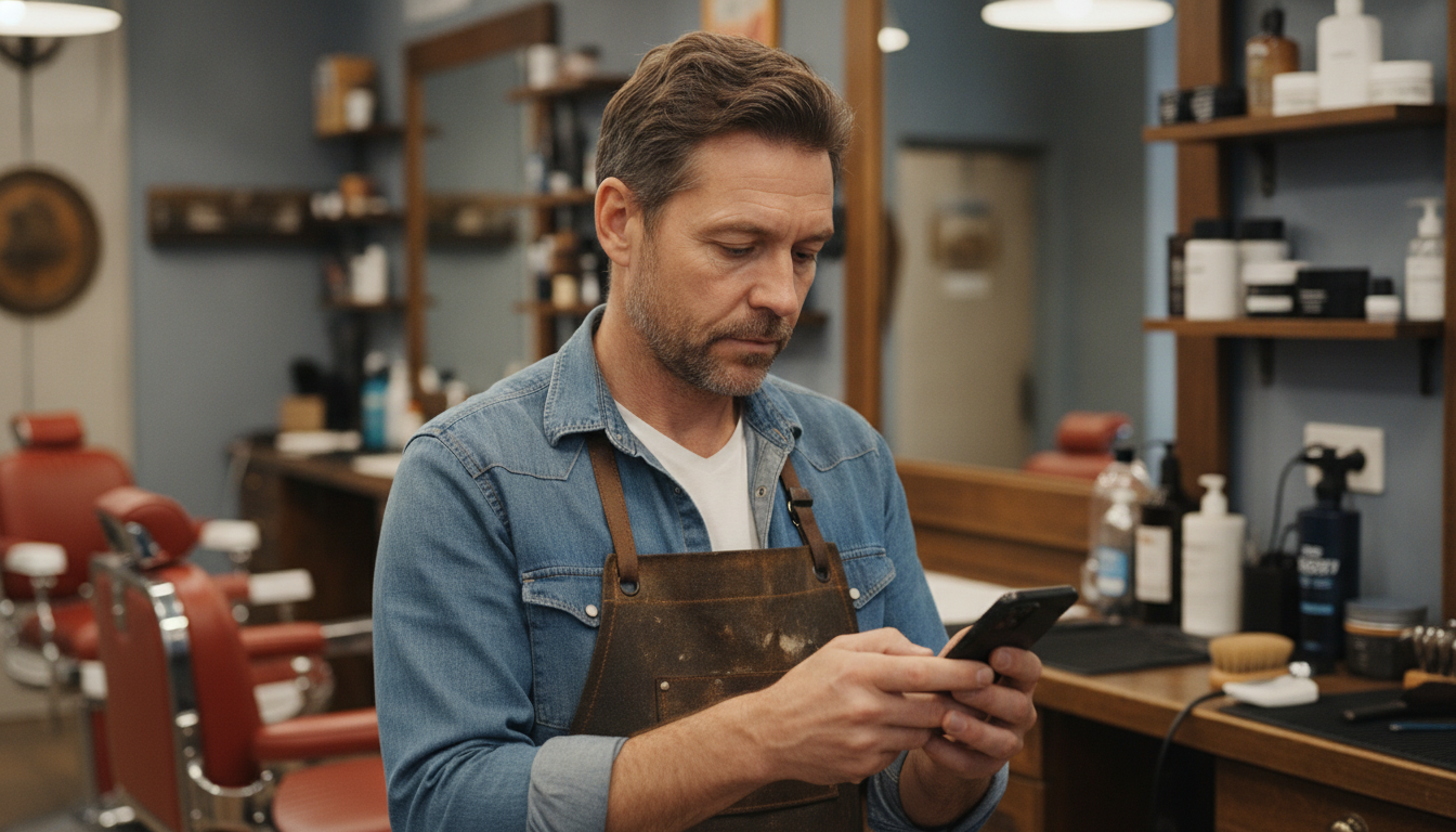 A barbershop owner reviewing his social media content between client appointments