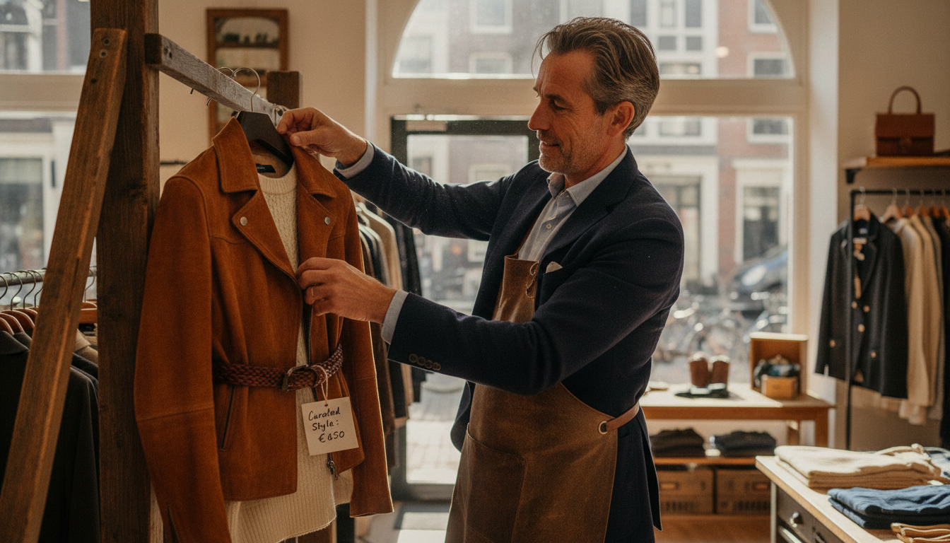 A boutique clothing store owner in Amsterdam arranging a curated outfit bundle on a display rack