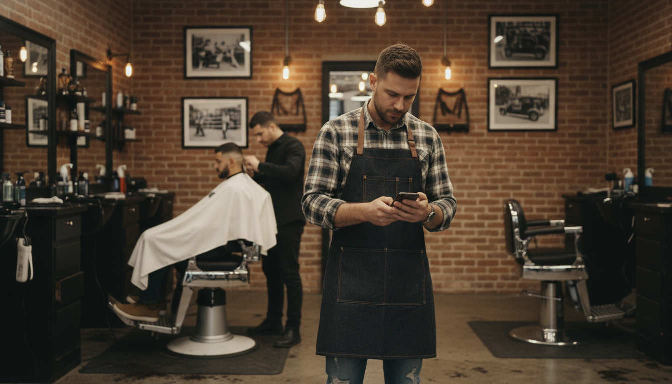 Barbershop owner reviewing customer visit history on his phone between appointments