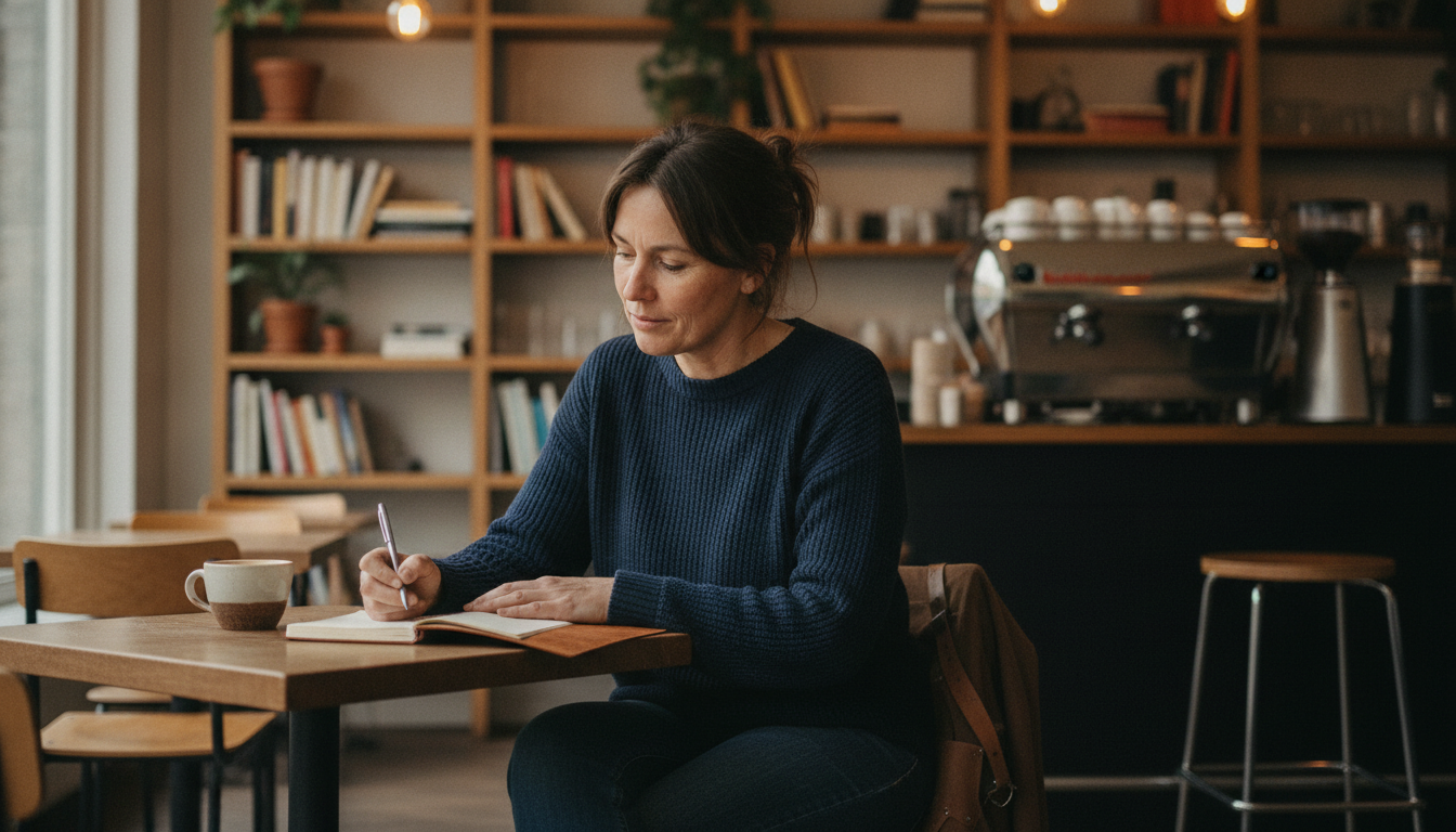 A cafe owner working through her marketing strategy with pen and notebook