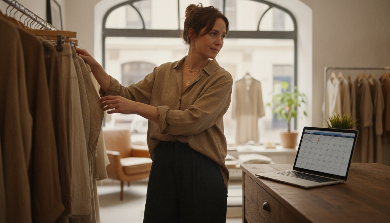 Boutique owner managing her content calendar between serving customers
