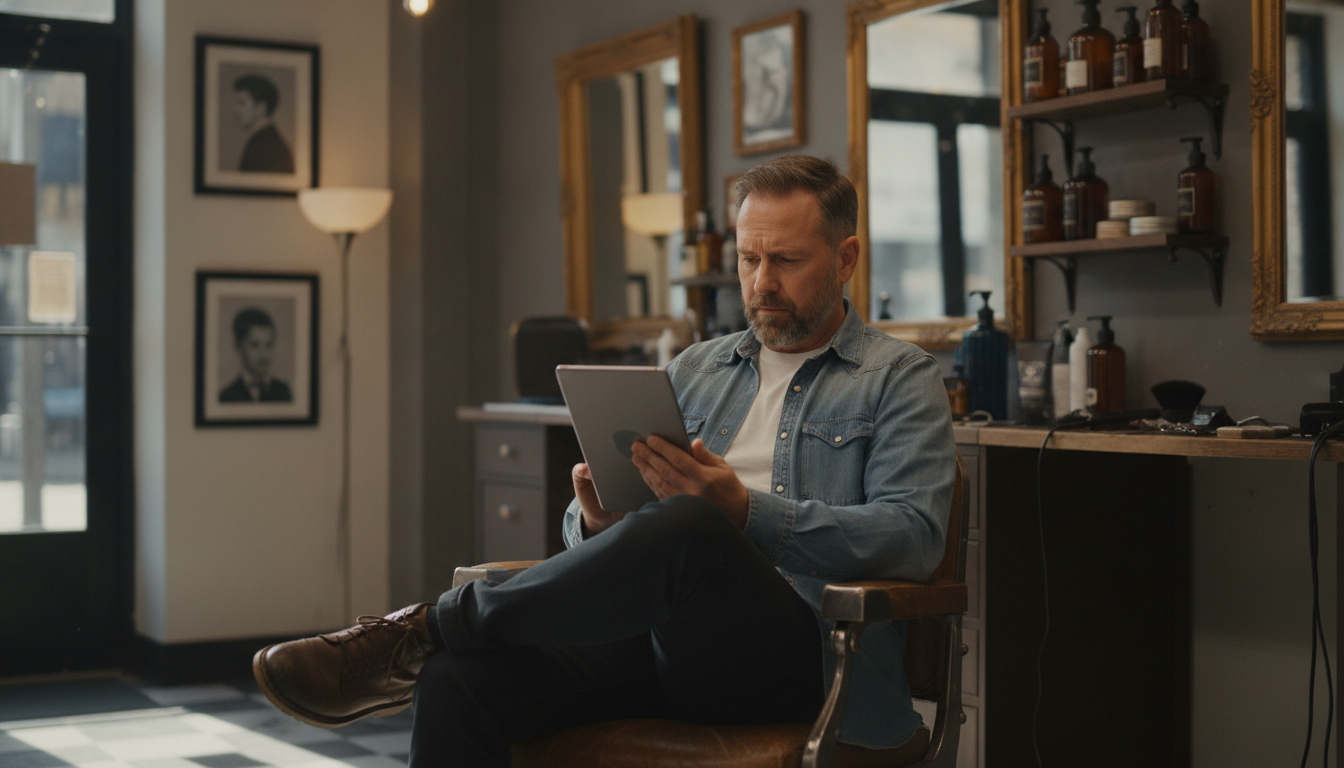 A barbershop owner reviewing customer feedback on his tablet between appointments
