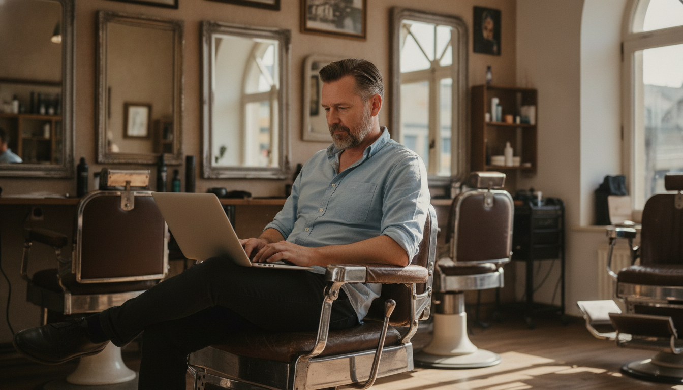 A barbershop owner updating his Google Business Profile on a laptop in his own shop
