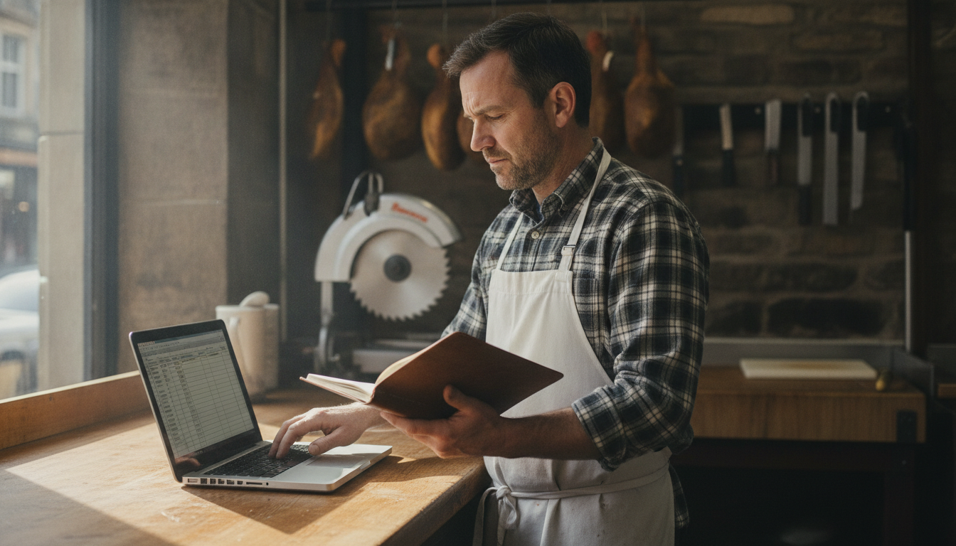 Butcher shop owner reviewing customer visit records on a laptop behind the counter