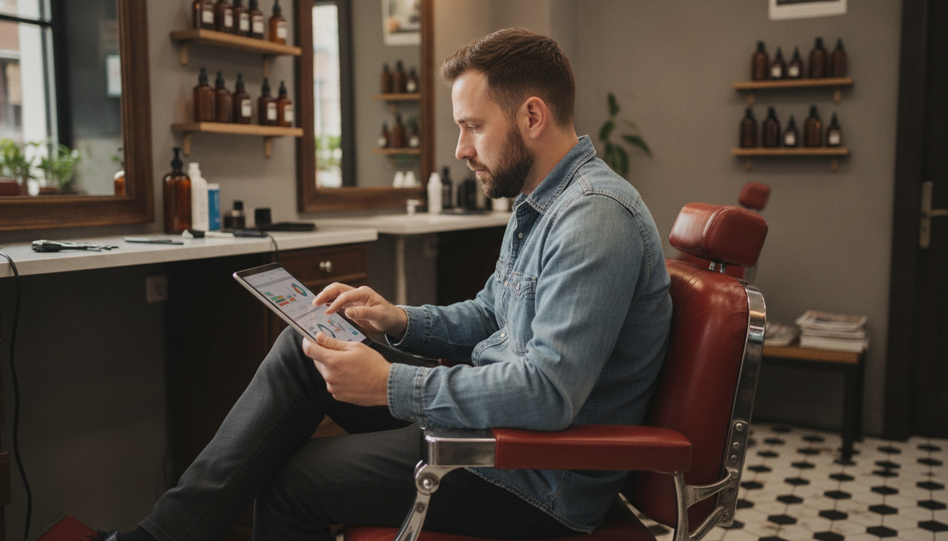 A barbershop owner reviewing his business analytics on a tablet during a quiet period between clients