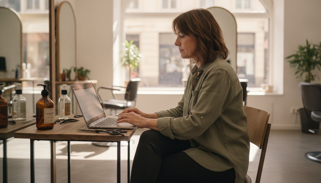 Hair salon owner reviewing her weekly Google Business Profile posting schedule