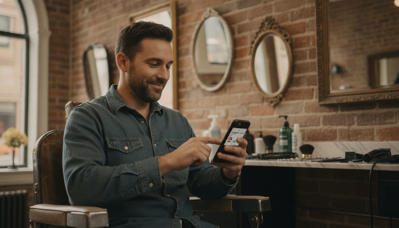 Barbershop owner reviewing his weekly marketing performance on a phone during a quiet moment between clients