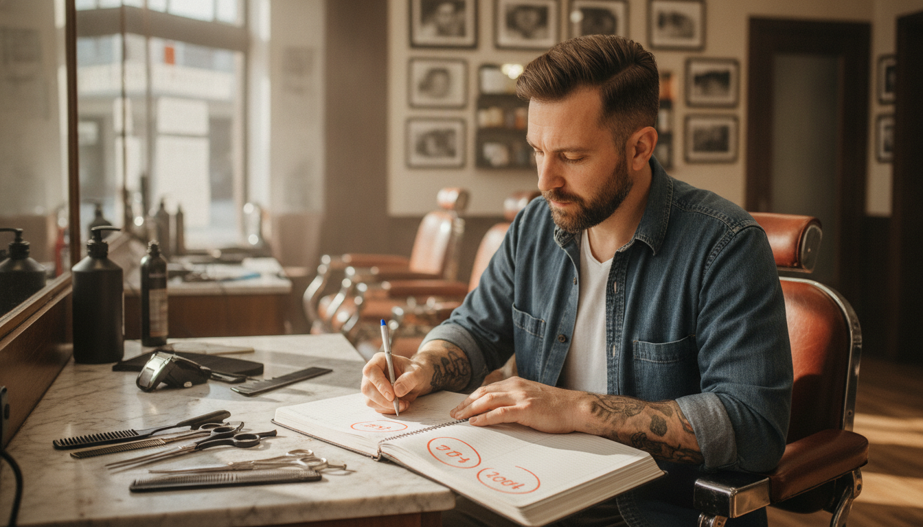 Barbershop owner planning his seasonal marketing calendar during a quiet afternoon