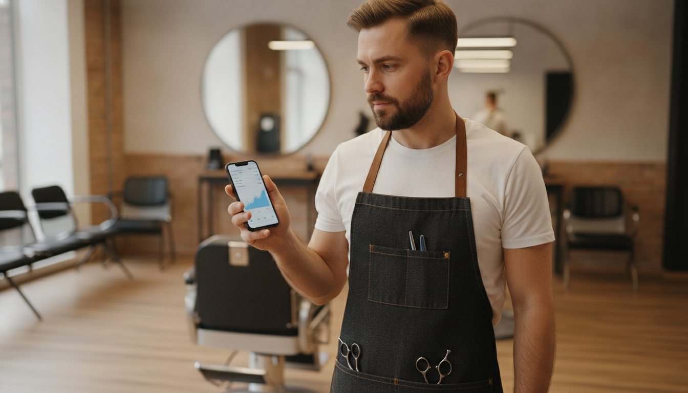 Barbershop owner reviewing monthly marketing analytics on his phone between client appointments