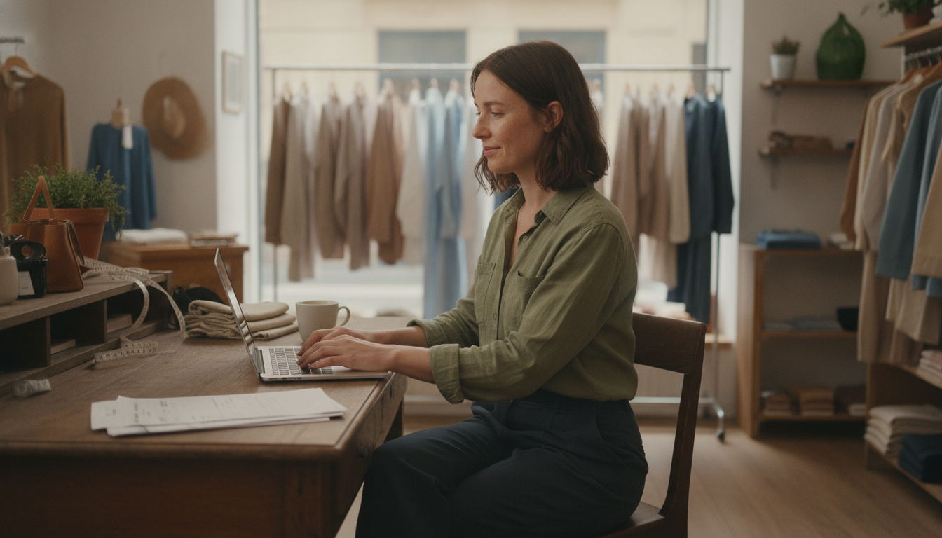 Boutique clothing store owner updating her Google Business Profile on a laptop inside her shop