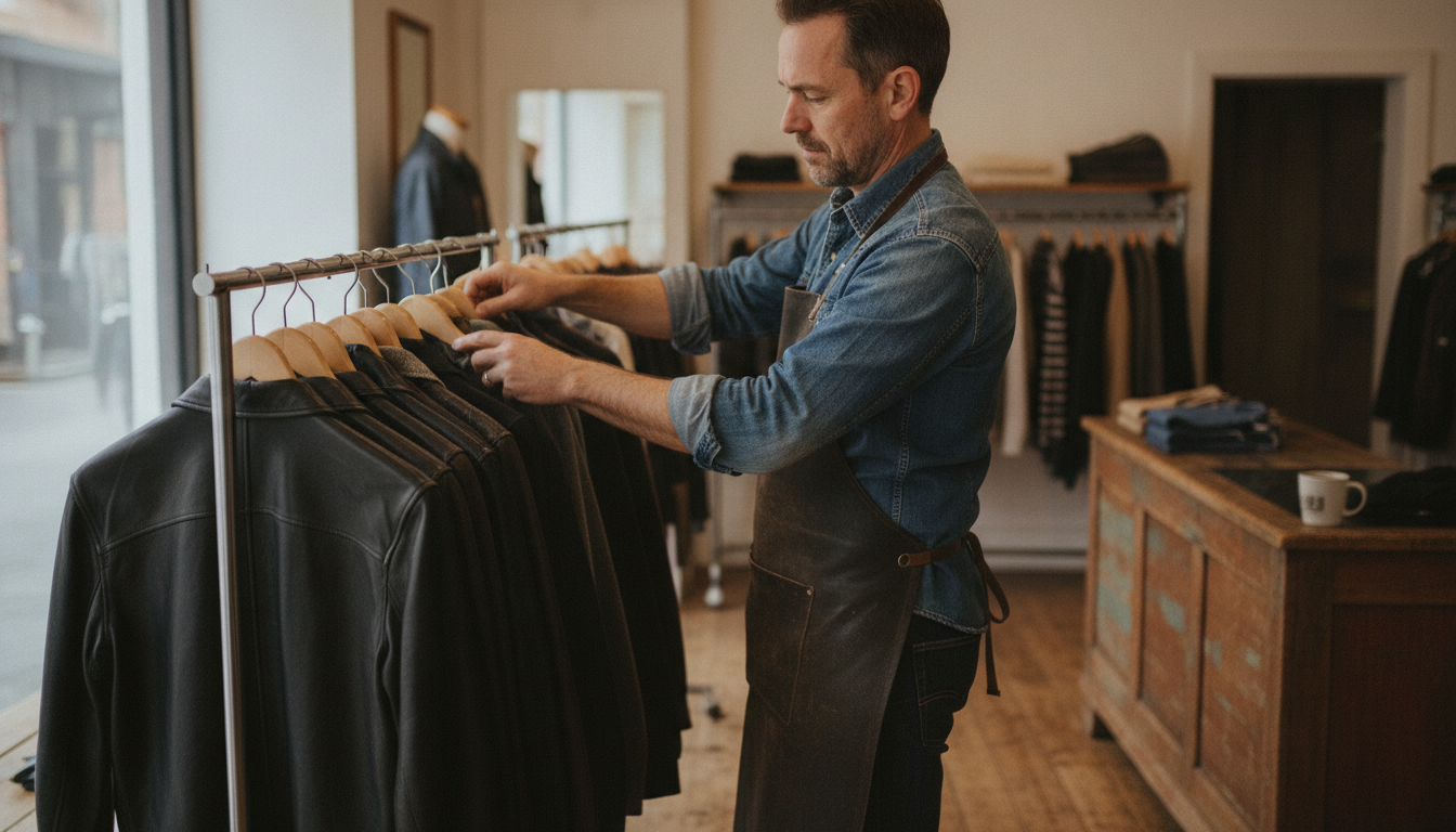Boutique clothing store owner arranging new stock in his shop