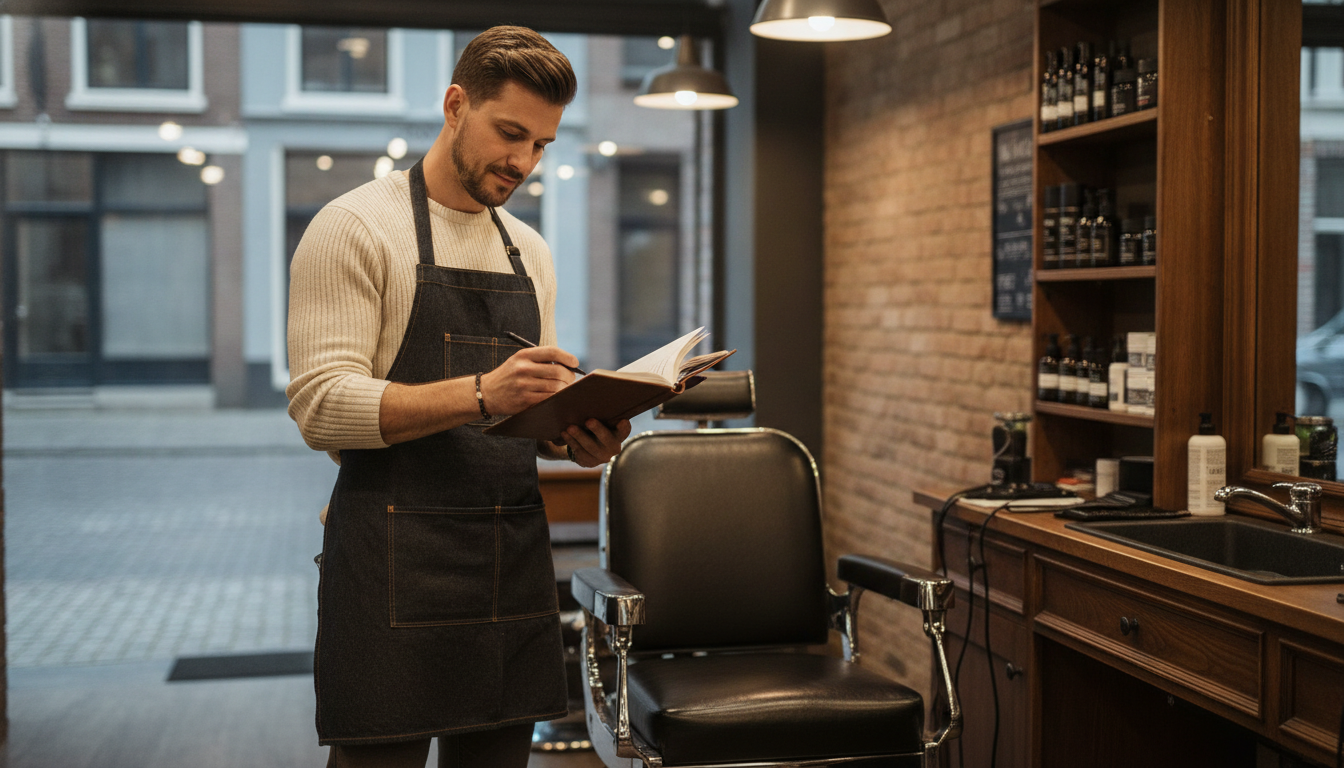 A barbershop owner reviewing his appointment schedule during a quiet midweek morning