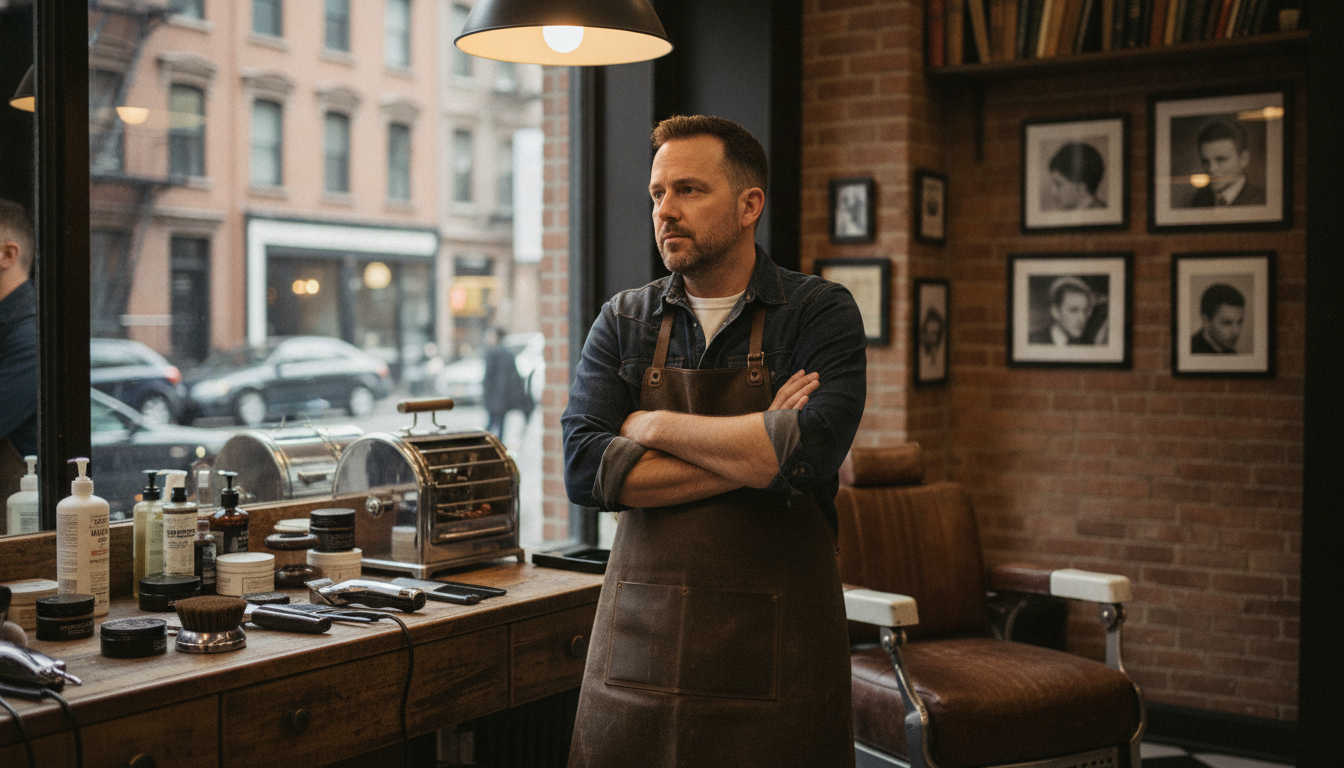 A barbershop owner pausing to think about his business positioning
