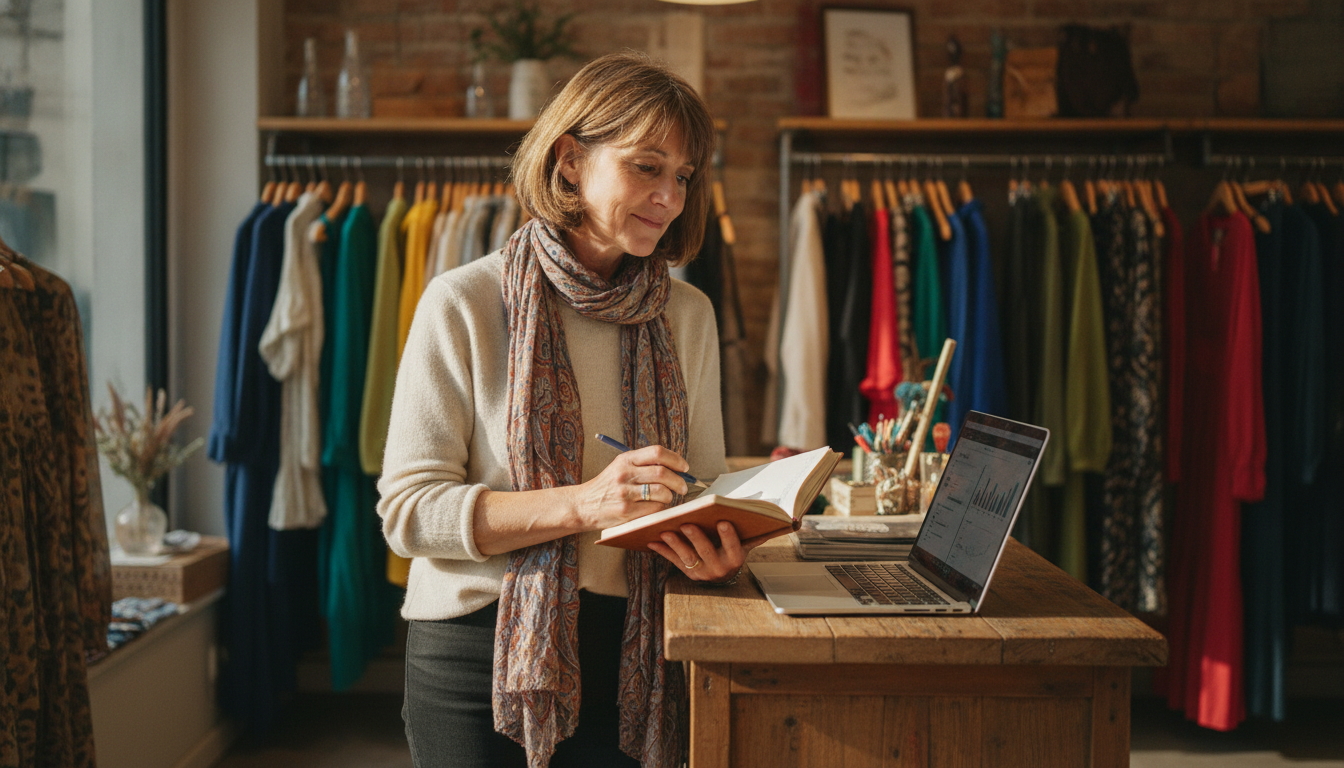 A boutique clothing store owner cross-referencing her sales data with campaign notes