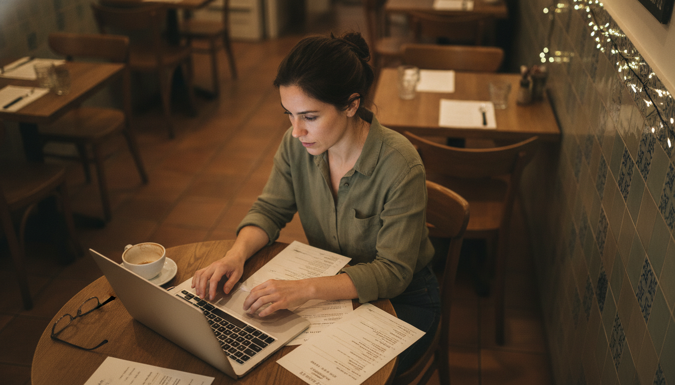 A restaurant owner reviewing and rewriting her menu at a table in her empty dining room
