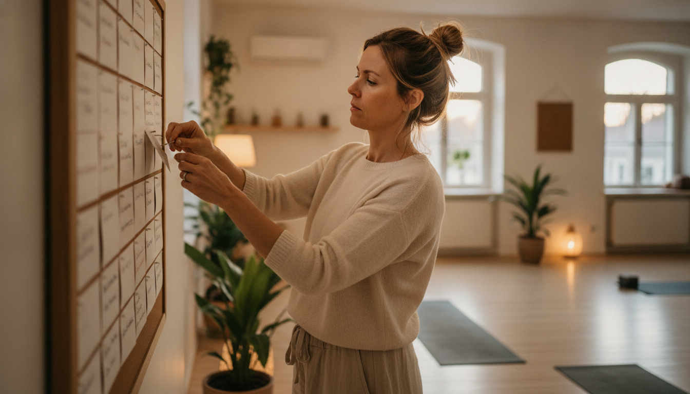 A yoga studio owner planning her weekly class schedule on a Sunday evening