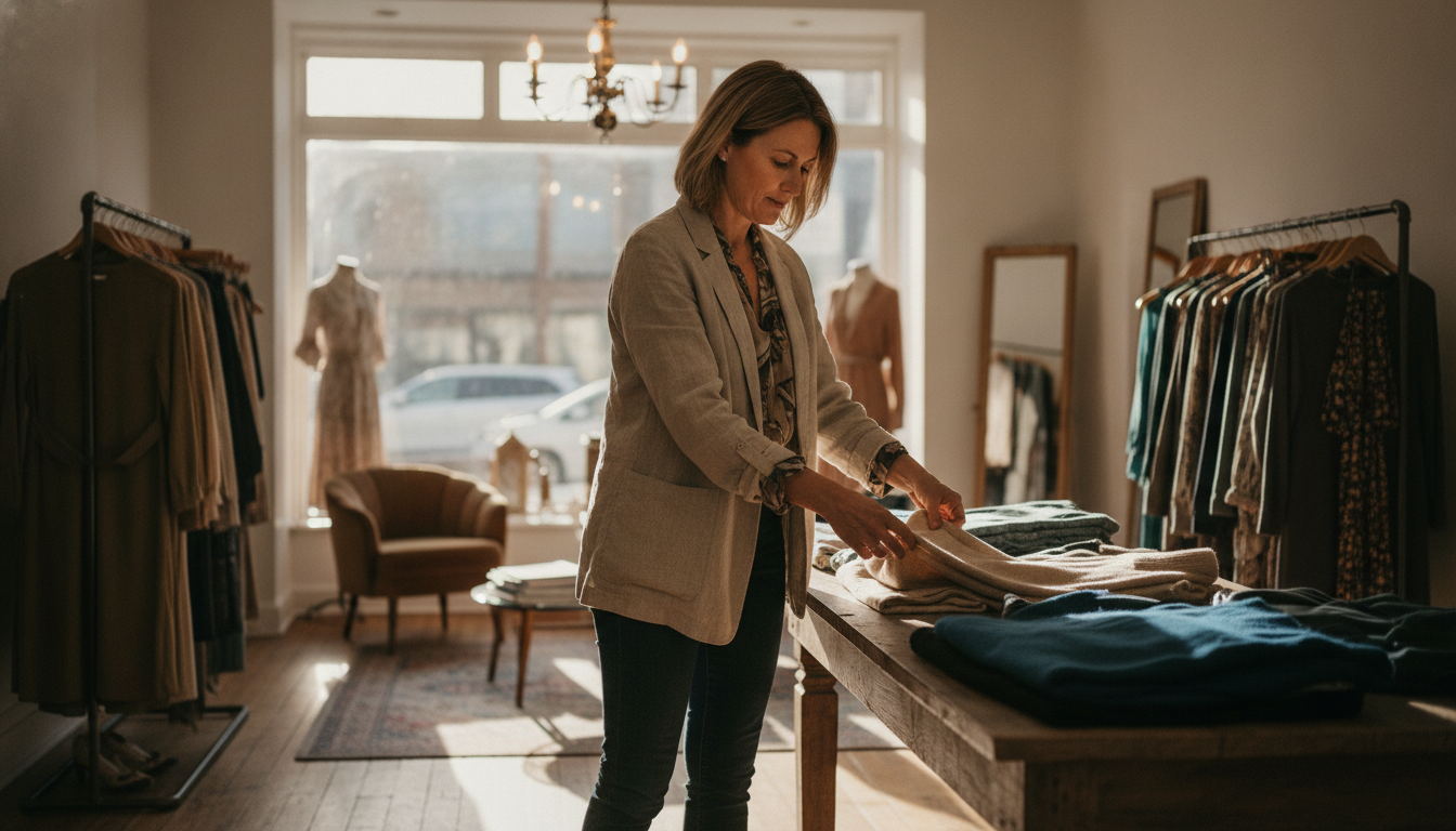 A boutique clothing store owner working in her quiet shop during a slow weekday afternoon