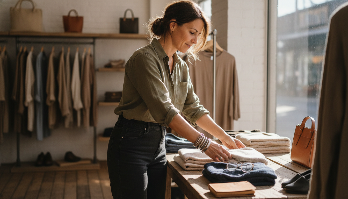 Boutique clothing store owner preparing a midweek display in her quiet retail shop
