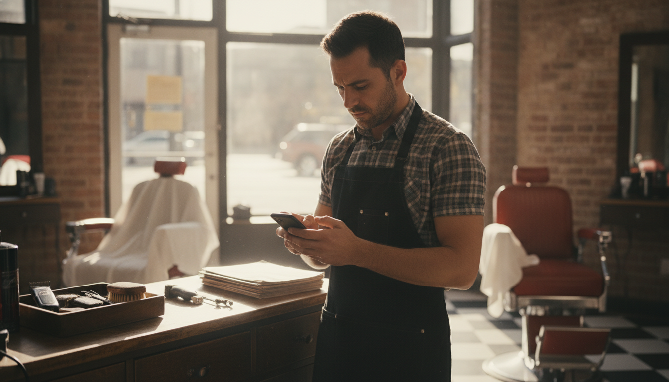A barbershop owner responding to a customer review on his phone between appointments