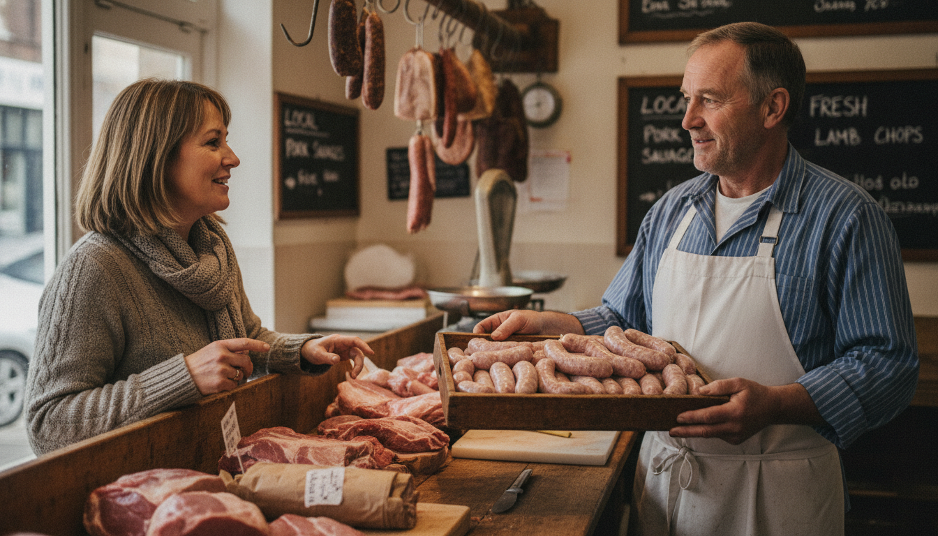 An independent butcher discussing locally-sourced produce with a regular customer in his shop