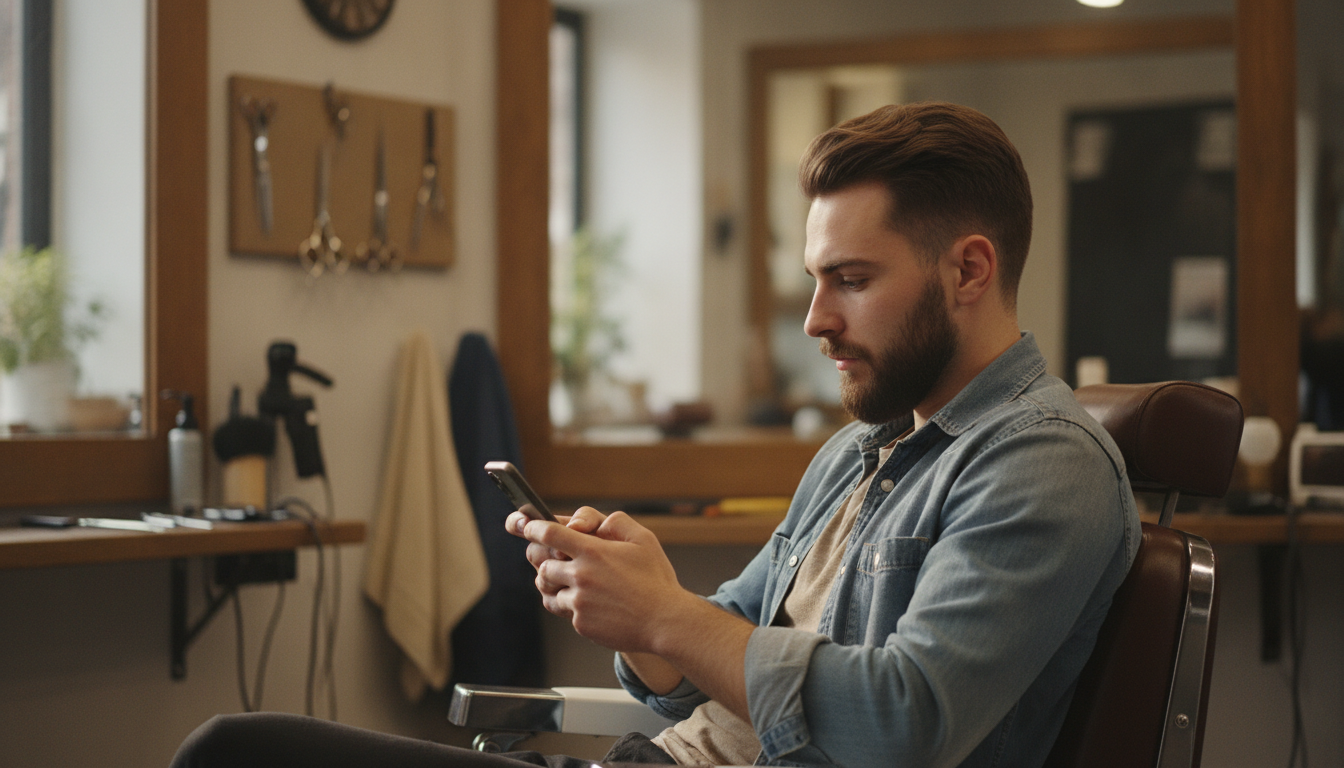 A barbershop owner reviewing his Google Business Profile on a smartphone during a quiet moment between clients