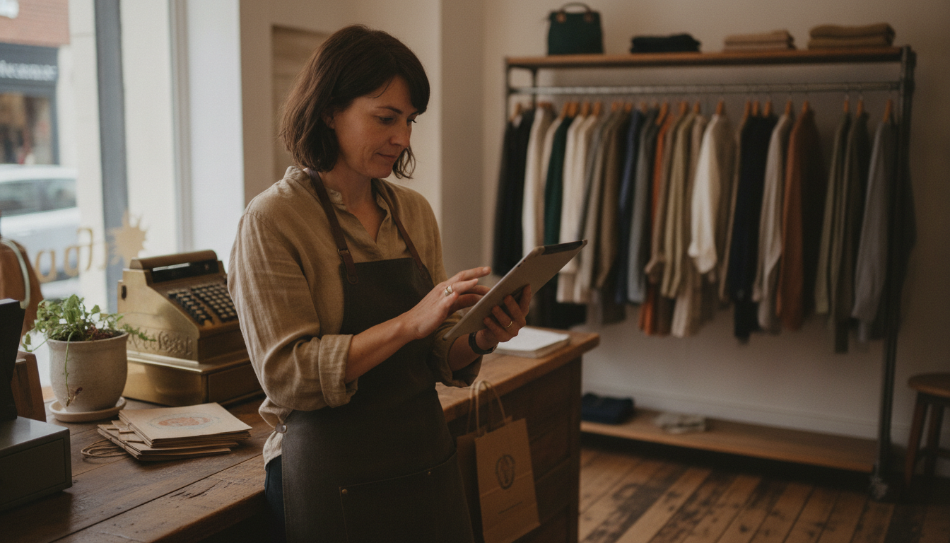 Boutique clothing store owner reviewing weekly sales and marketing data on a tablet