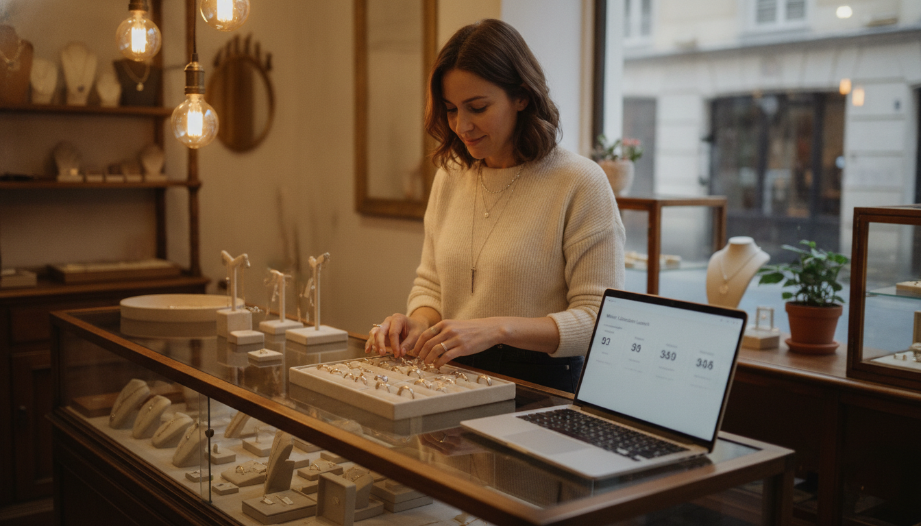 A boutique jewellery shop owner reviewing campaign performance at her store counter