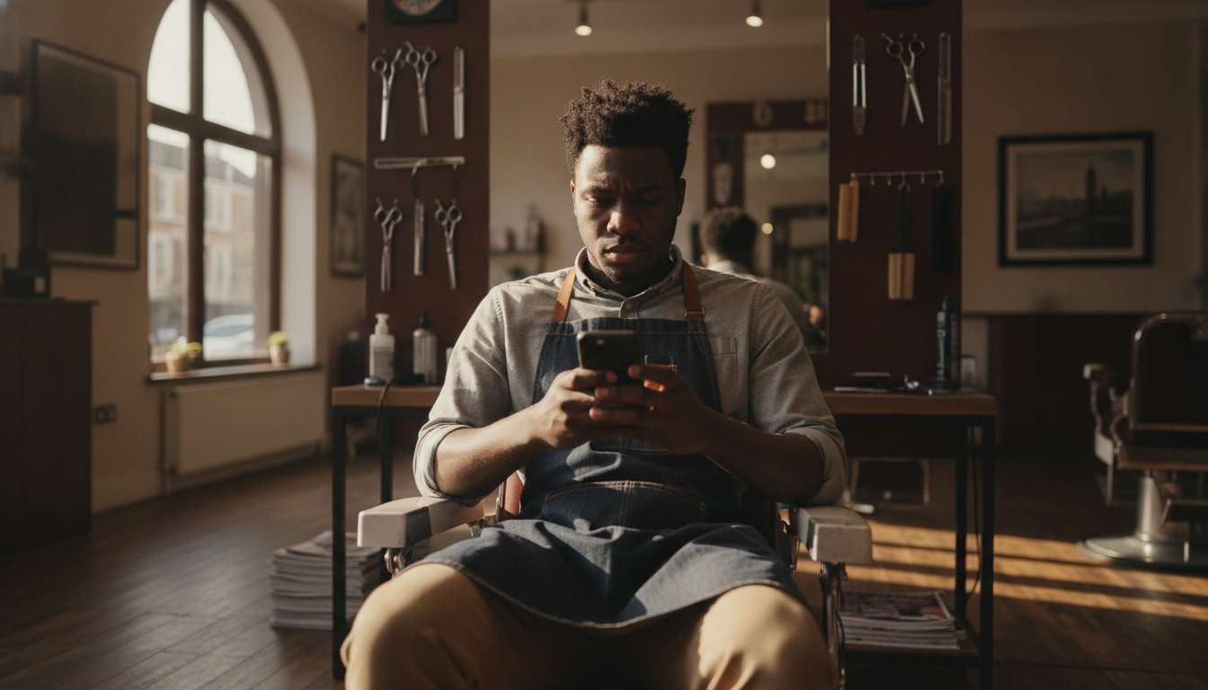 Barbershop owner reviewing customer feedback on his phone between appointments