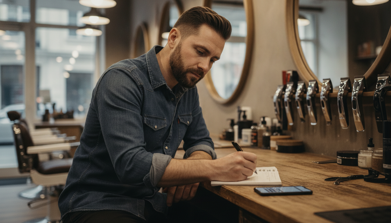 Barbershop owner planning his weekly marketing in a notebook before opening