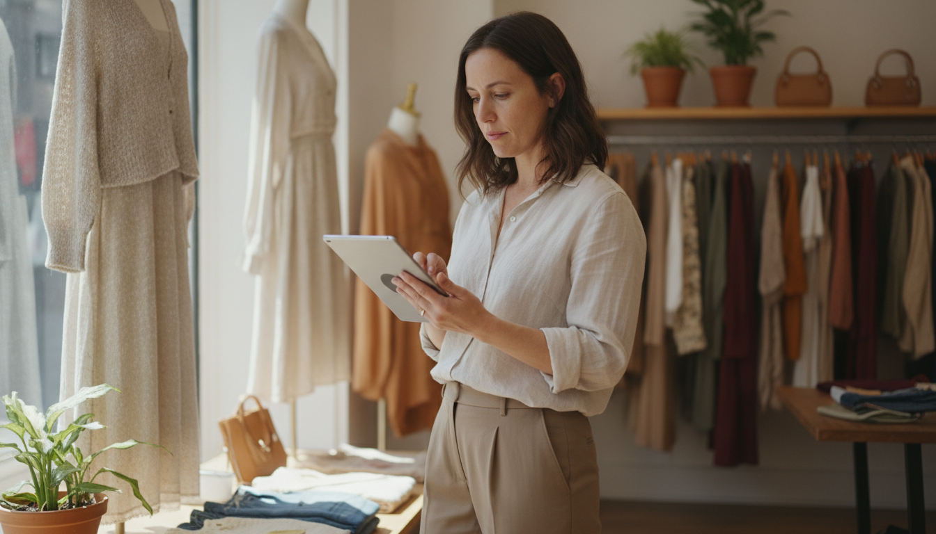 A boutique owner reviewing her seasonal marketing plan beside a holiday window display