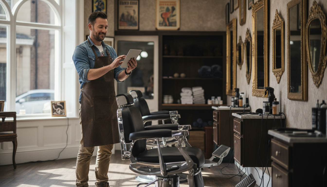 Barbershop owner photographing his shop interior to update his Google Business Profile