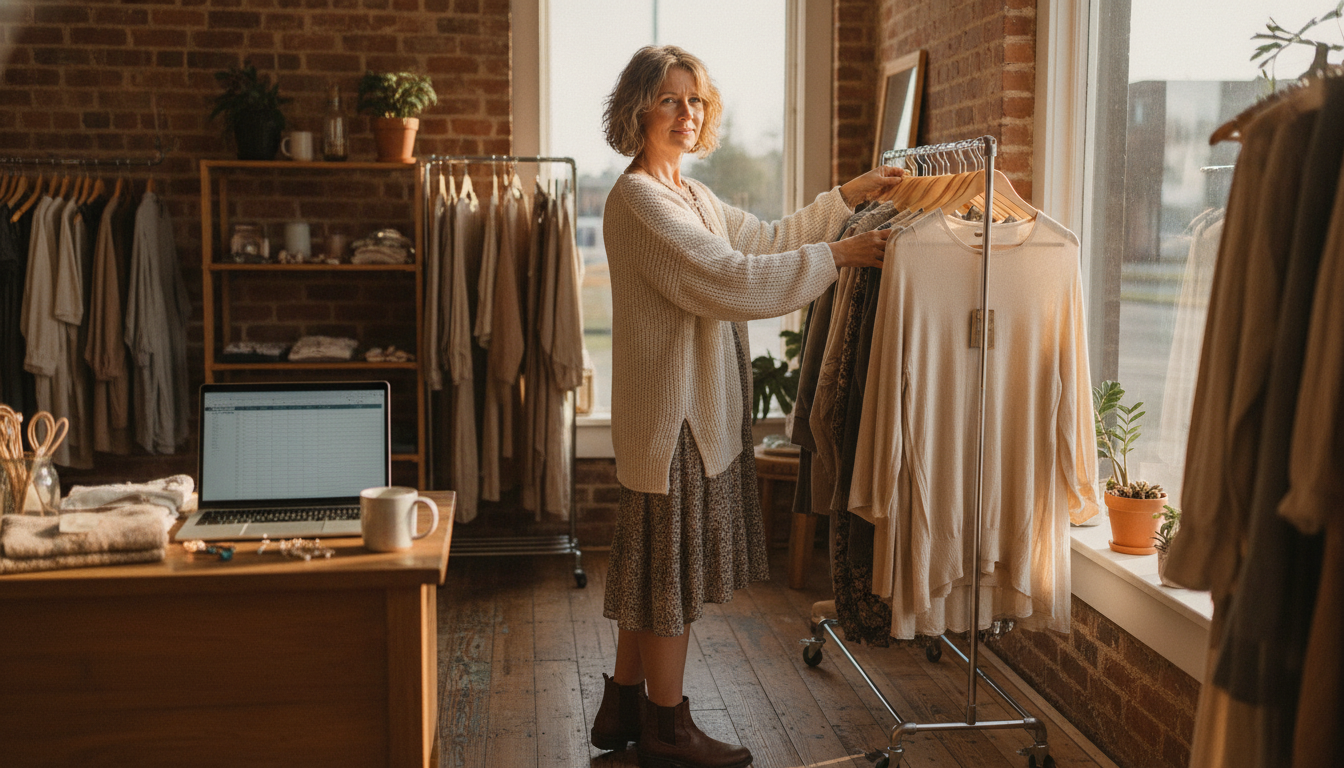 Boutique clothing store owner organising her shop floor while reviewing business data on a laptop at the counter