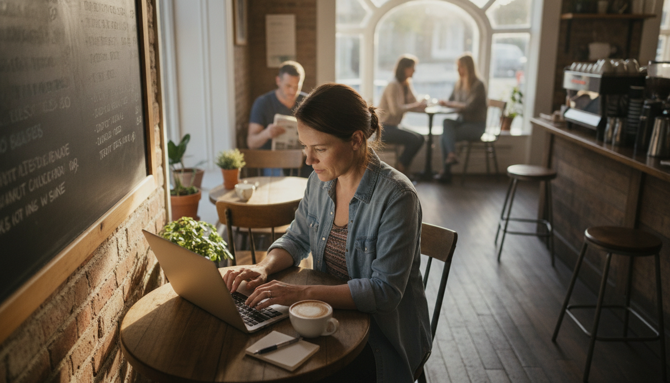 Cafe owner reviewing her weekly content calendar at her own corner table