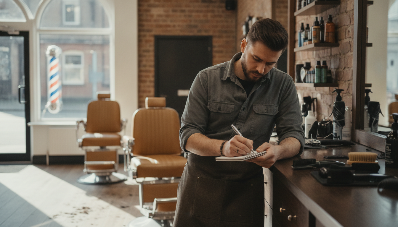 A barber planning his weekly social media content during a quiet moment between clients