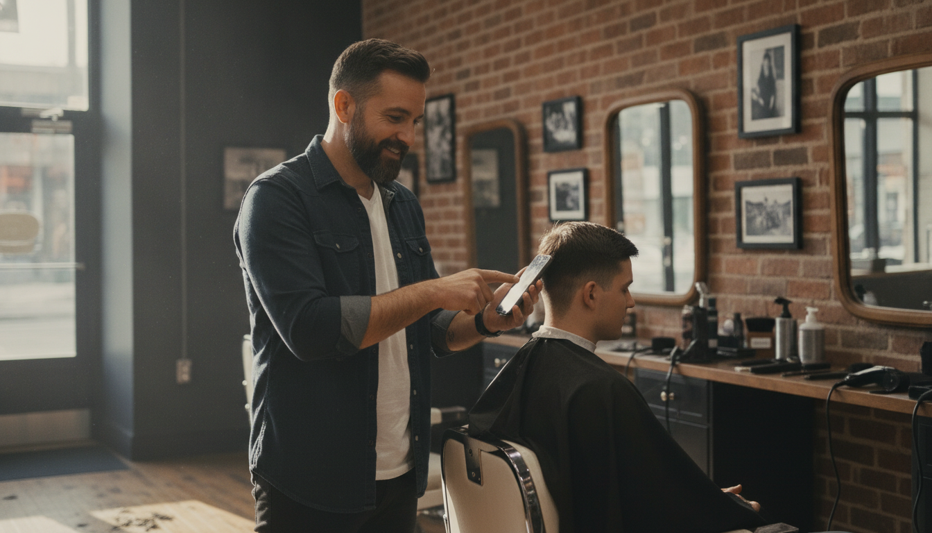 A barbershop owner reviewing social media content on his phone between appointments