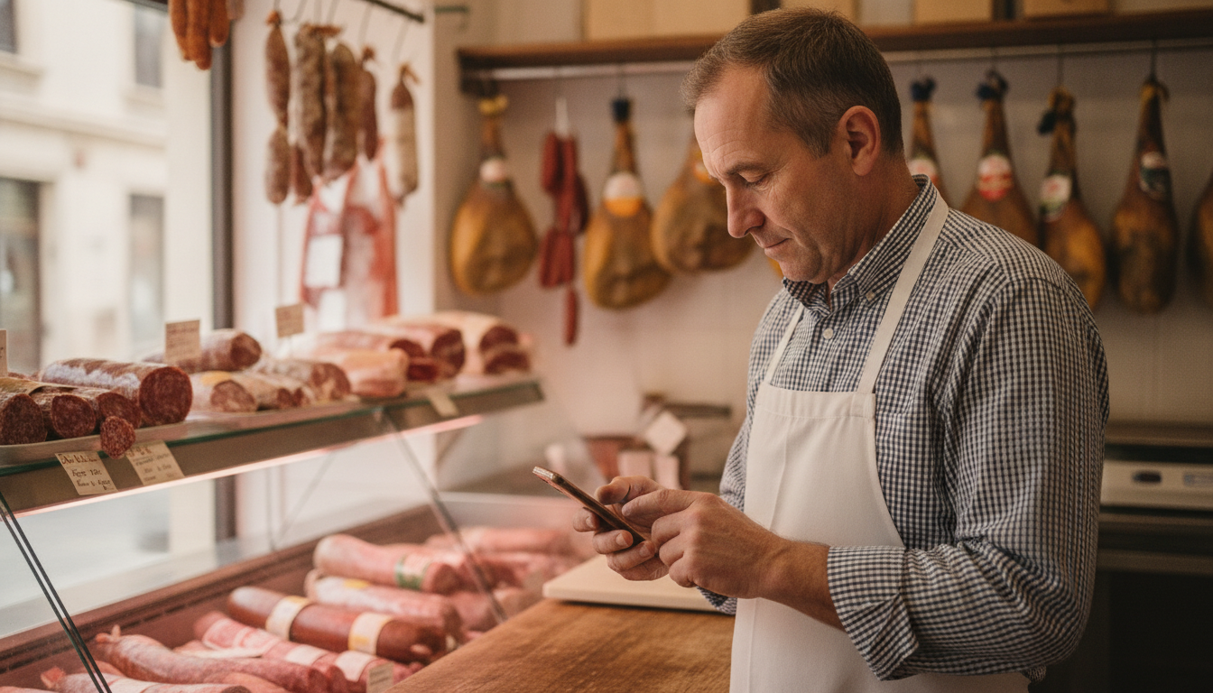 A local butcher checking his phone during a quiet afternoon shift in his shop