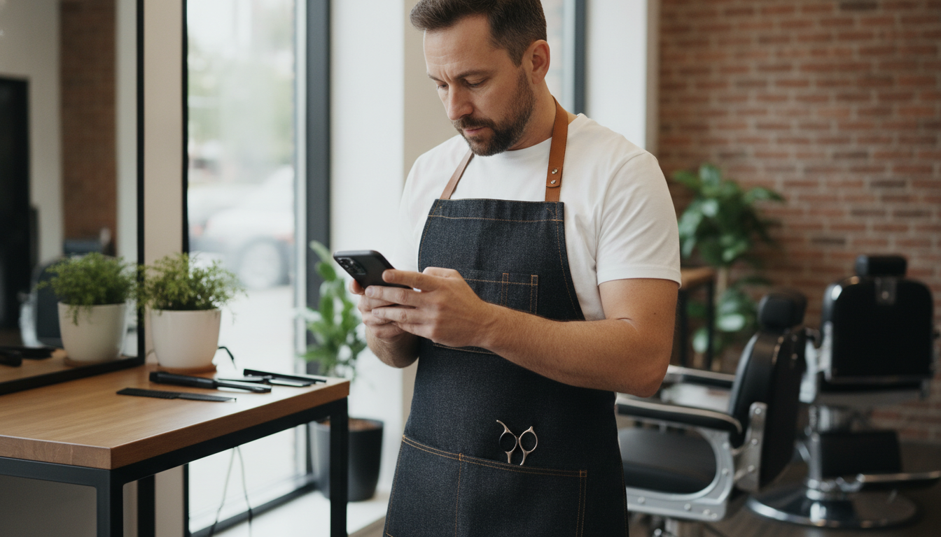 A barbershop owner reviewing his weekly content schedule on his phone between client appointments