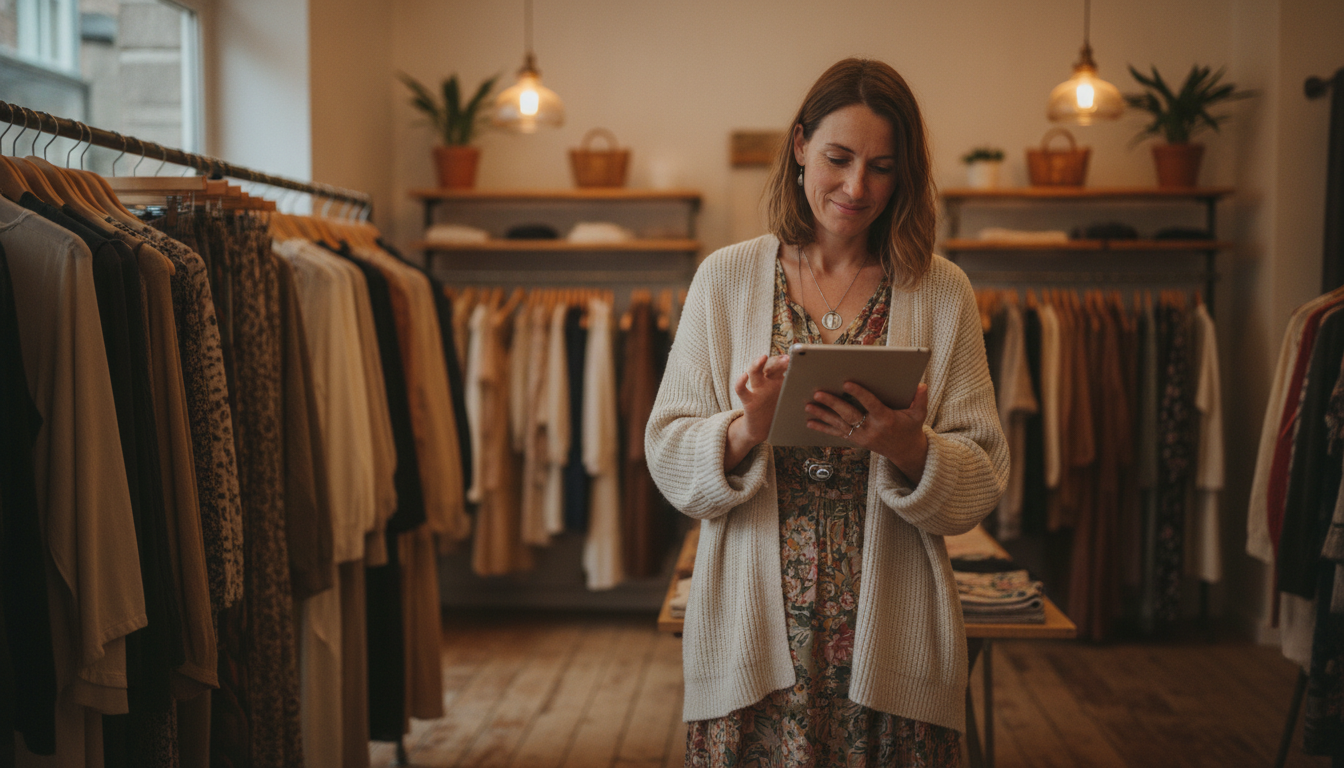 Boutique clothing store owner reviewing scheduled social content on her iPad among clothing rails