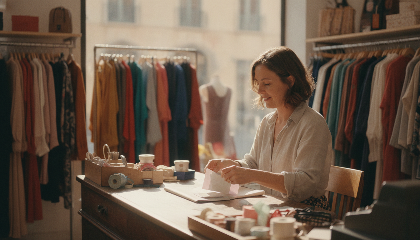 Boutique clothing store owner wrapping a gift card at the shop counter