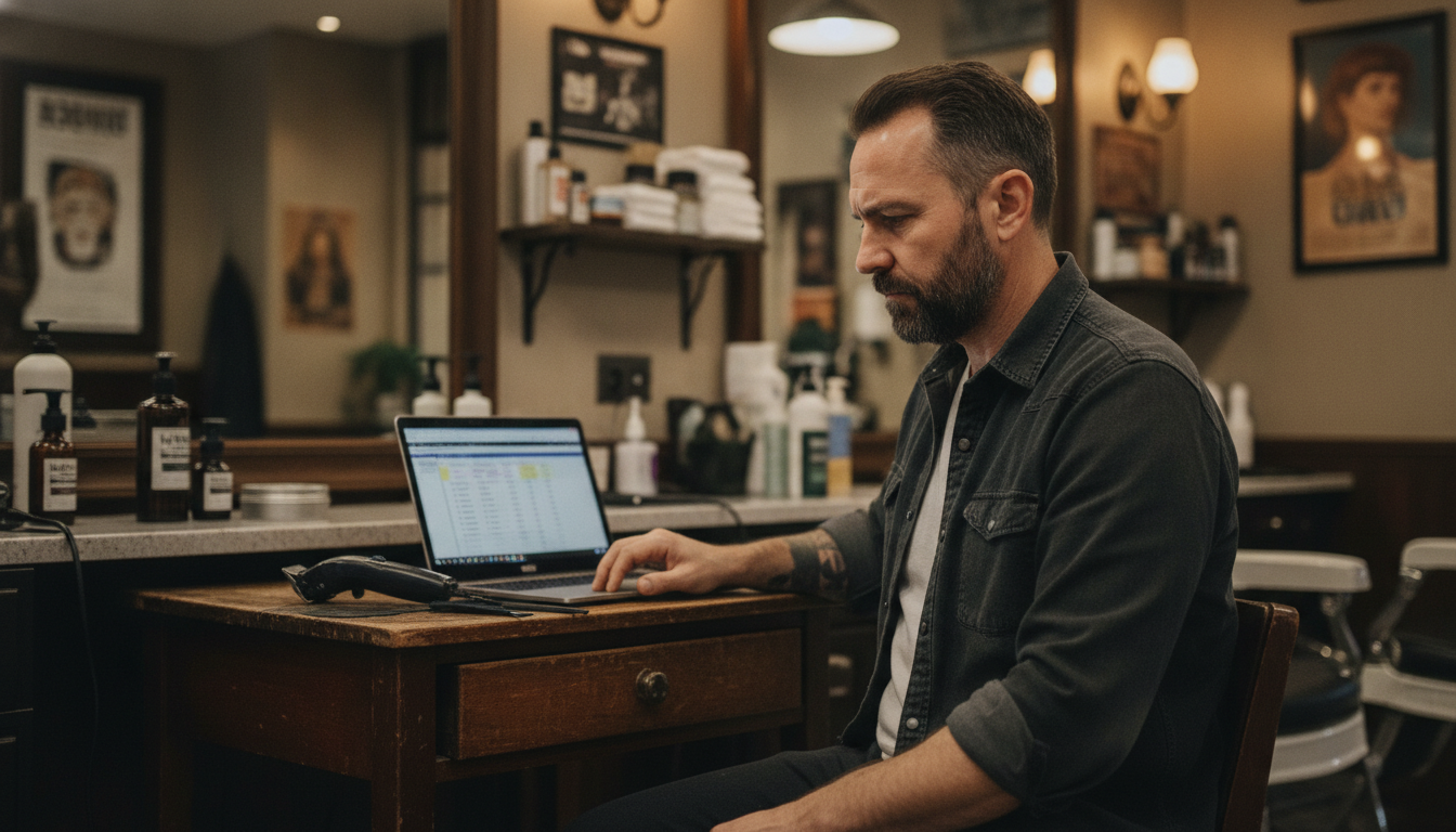 A barbershop owner organising customer contact data on a laptop between appointments