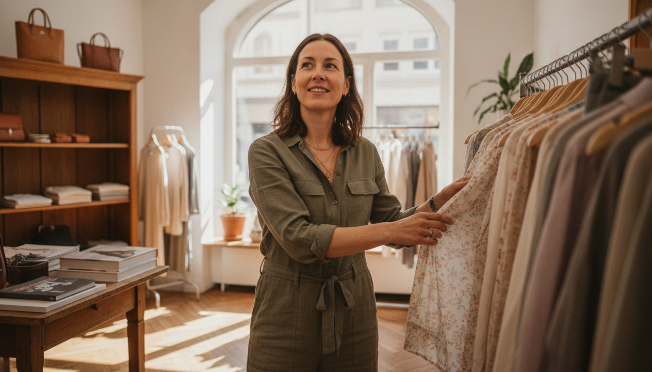 Boutique owner arranging a new seasonal clothing display in her shop