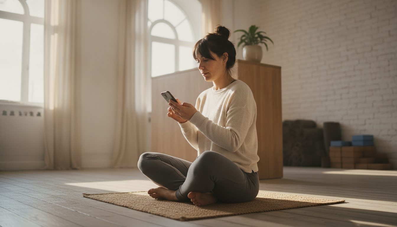 Yoga studio owner reviewing customer engagement on her phone between classes