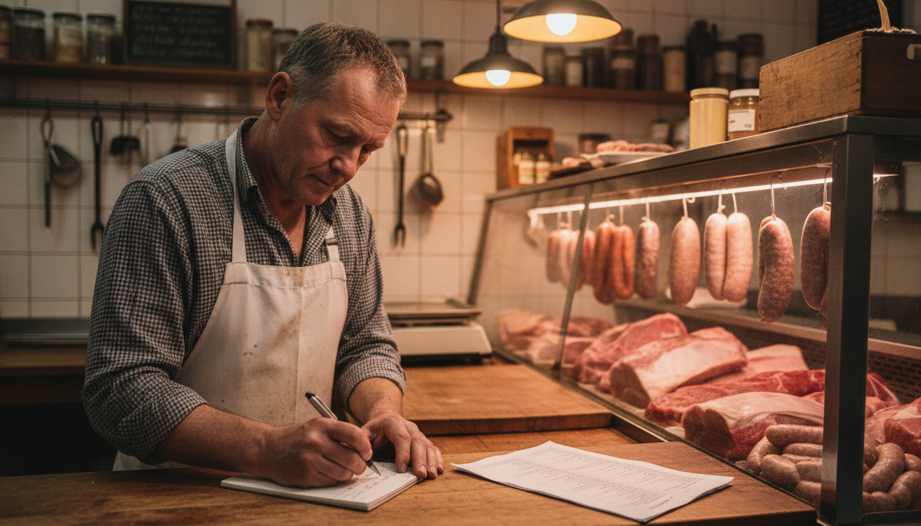 Independent butcher reviewing customer visit records at his shop counter