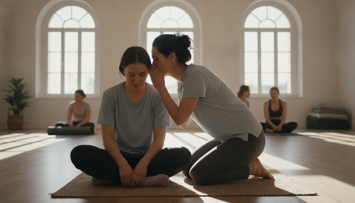 Yoga studio owner connecting personally with a student after class